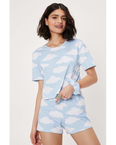 Nasty Gal Cloud Print 3 Pc Pyjama And Scrunchie Set - White