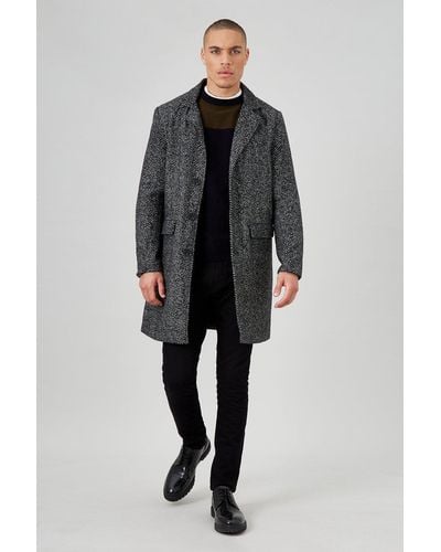 Burton Herringbone Faux Wool Overcoat - Black
