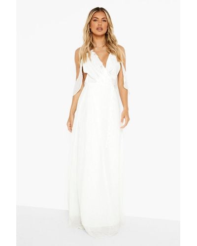 Boohoo Chiffon Frill Wrap Maxi Bridesmaid Dress - White