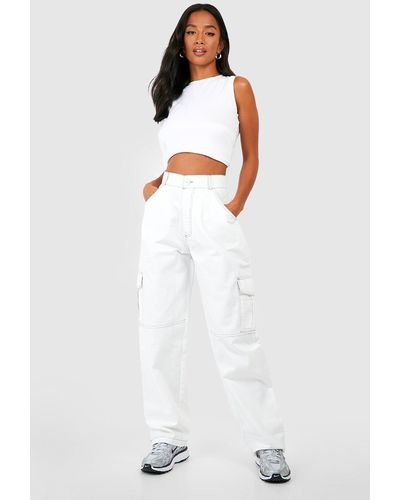Boohoo Petite Contrast Stitch Loose Cargo Trousers - White
