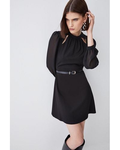 Karen Millen Georgette Sleeve Belted Ponte Skater Dress - Black