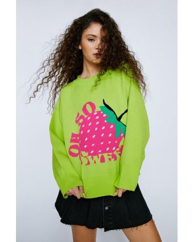 Nasty Gal Strawberry Graphic Crew Neck Knitted Jumper - Green