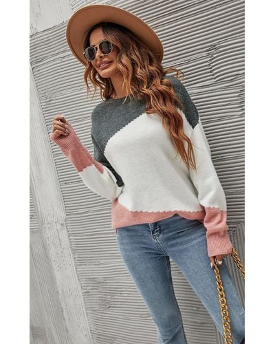 FS Collection Grey & Pink Block Colour Jumper Top In White