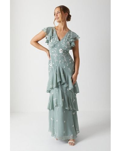 Coast Embroidered Floral V Neck Tiered Bridesmaids Maxi Dress - Blue