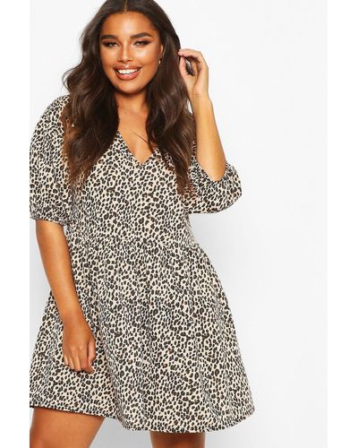 Boohoo Plus Leopard Puff Sleeve Sweat Smock Dress - Multicolour
