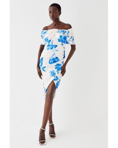 Coast Satin Jacquard Bardot Pencil Dress - Blue