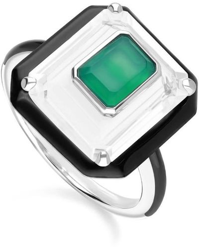 Gemondo White Rock Crystal & Chalcedony Sterling Silver Art Deco Style Statement Ring