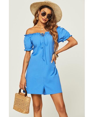 FS Collection Bardot Frill Tie Detail Playsuit - Blue
