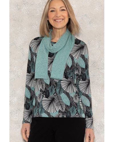 Anna Rose Printed Brushed Knit Top With Scarf - Blue