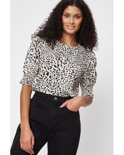 Dorothy Perkins Leopard Print Shirred Cuff Top - Black