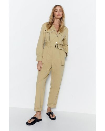 Warehouse Petite Twill High Neck Belted Utility Boilersuit - Natural