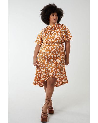 Blue Vanilla Plus Size Angel Sleeve Wrap Ruffle Midi Dress - Orange