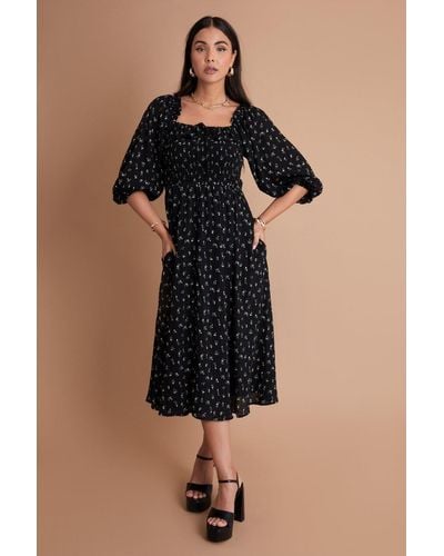 ANOTHER SUNDAY Shirred Bust 3/4 Sleeve Milkmaid Ditsy Print Dress - Black