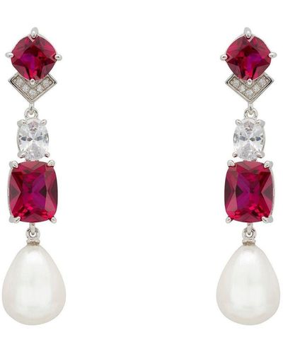 LÁTELITA London Cordelia Pearl & Ruby Long Drop Earrings Silver - Red