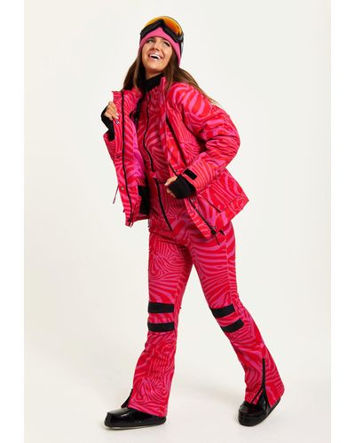 Liquorish Ski Waterproof Jacket In Pink Zebra Print - Red