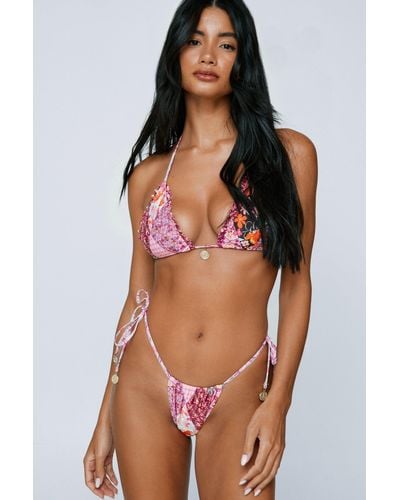 Nasty Gal Recycled Patchwork Floral Ruffle Coin Trim Triangle Bikini - Pink