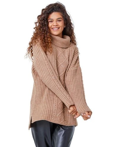 Roman Cable Knit Ribbed Tunic Jumper - Brown
