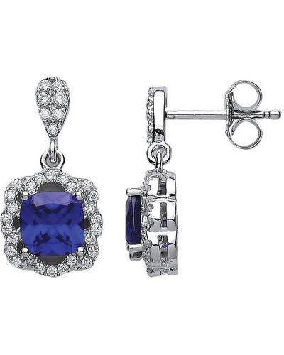 Jewelco London Silver Blue Cushion Cz Floral Halo Drop Earrings - Gve345sap