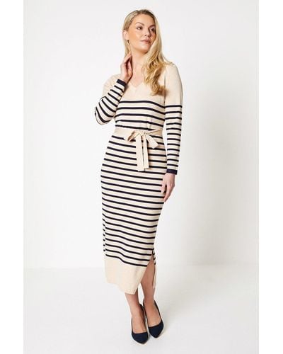 Wallis Stripe Belted Knitted Dress - White