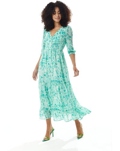 Liquorish Floral Maxi Chiffon Dress In Green And White