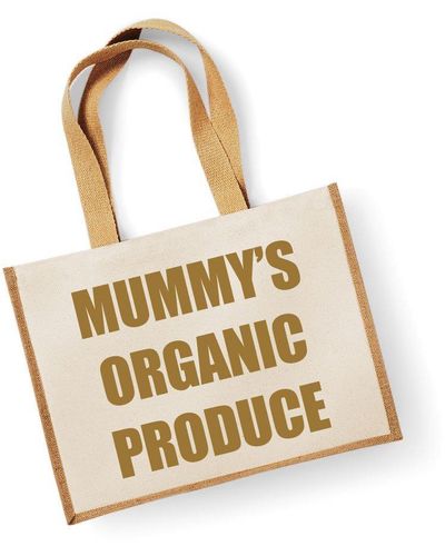 60 SECOND MAKEOVER Large Jute Bag Mummy's Organic Produce Natural Bag Gold Text - Metallic
