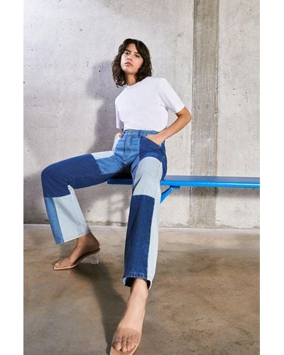 Warehouse Denim Patchwork Flare Jeans - Blue