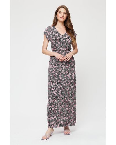 Dorothy Perkins Tall Navy Base Pink Floral Roll Sleeve Maxi - Multicolour