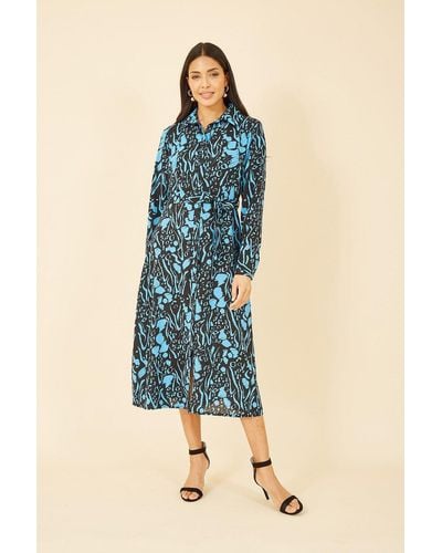 Mela Blue Animal Print Long Sleeve Midi Shirt Dress