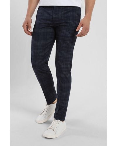 Steel & Jelly Navy Check Slim Fit Smart Trouser - Blue