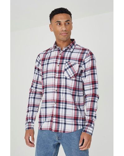 Brave Soul Checked 'rooker' Brushed Cotton Flannel Long Sleeve Shirt - Blue