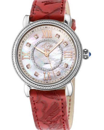 Gv2 Marsala 316l Stainless Steel Case, White Mop Dail, Genuine Red Embossed Leather Strap. Swiss Quartz Watch