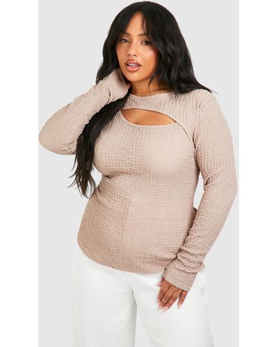 Boohoo Plus Textured Keyhole Ruched Top - Natural