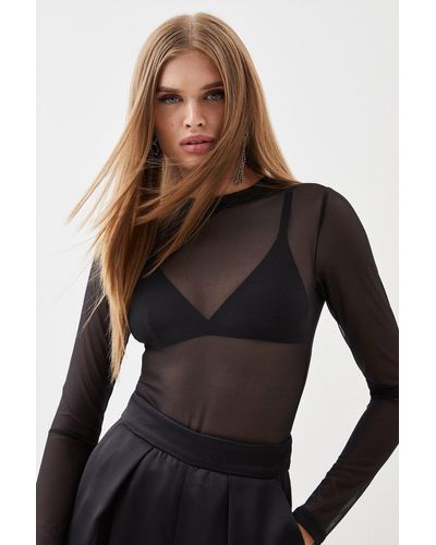 Karen Millen Mesh Ruched High Neck Bodysuit - Black