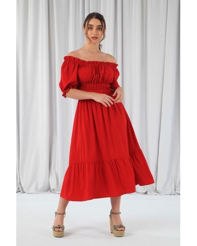 Double Second Bardot Midi Dress - Red