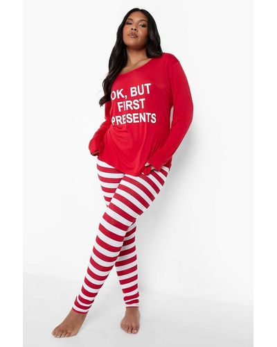 Boohoo Plus But First Present Longsleeve Pyjama Set - Red