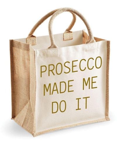 60 SECOND MAKEOVER Medium Jute Bag Prosecco Made Me Do It Natural Bag Gold Text Friend