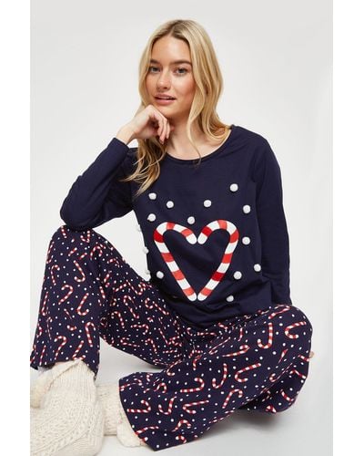 Dorothy Perkins Navy Candy Cane T-shirt And Wide Leg Pant Set - Blue