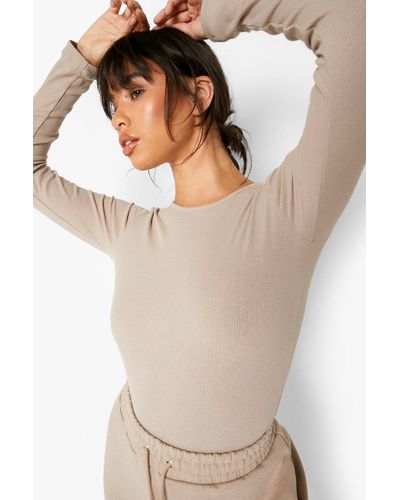 Boohoo Rib Crew Neck Long Sleeve Bodysuit - Grey