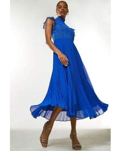 Karen Millen Lace Applique Pleat Midi Dress - Blue