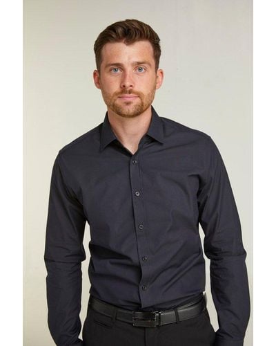 Double Two Stretch Slim Fit Black Long Sleeve Formal Shirt - Blue
