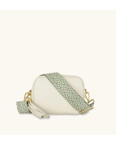 Apatchy London Stone Leather Crossbody Bag With Pistachio Cross-stitch Strap - Natural