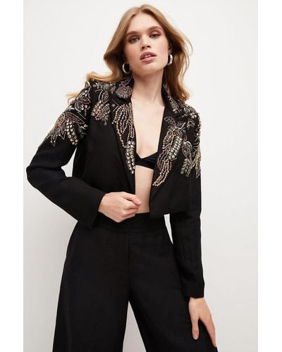 Karen Millen Crystal Embellished Linen Twill Crop Jacket - Black