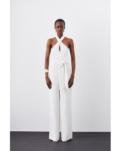 Karen Millen Petite Compact Viscose Stretch Drape Tailored Jumpsuit - White