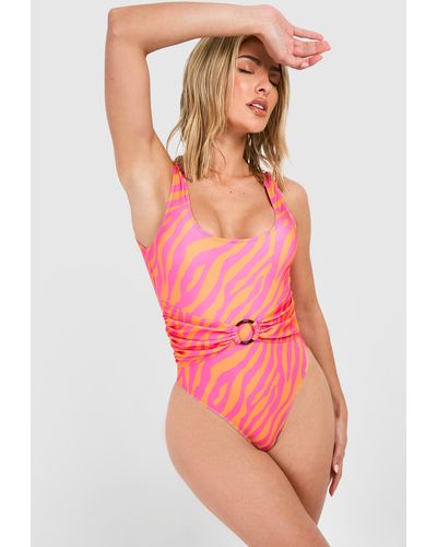 Boohoo Tummy Control Zebra O-ring Scoop Bathing Suit - Pink