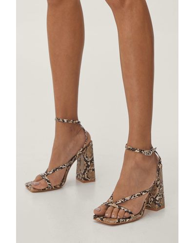 Nasty Gal Pu Snake Print Strappy Block Heels - Brown