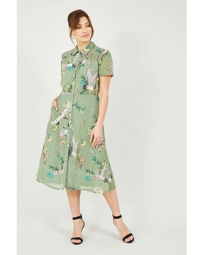Yumi' Green Crane Print Midi Shirt Dress