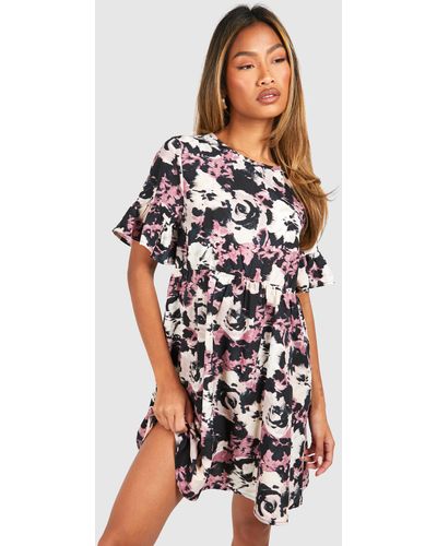 Boohoo Dark Floral Frill Smock Dress - White