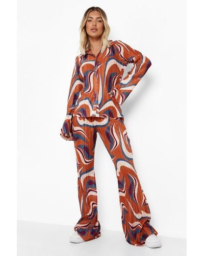 Boohoo Abstract Plisse Flared Trousers