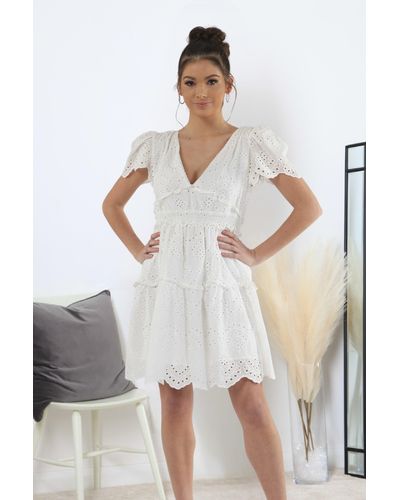 Double Second Puff Sleeve Broderie Dress - White