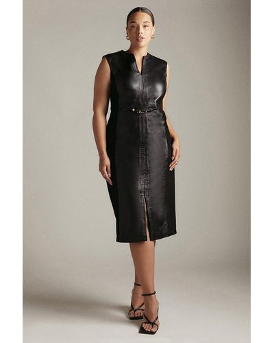 Karen Millen Plus Size Leather & Ponte Snaffle Pencil Midi Dress - Black